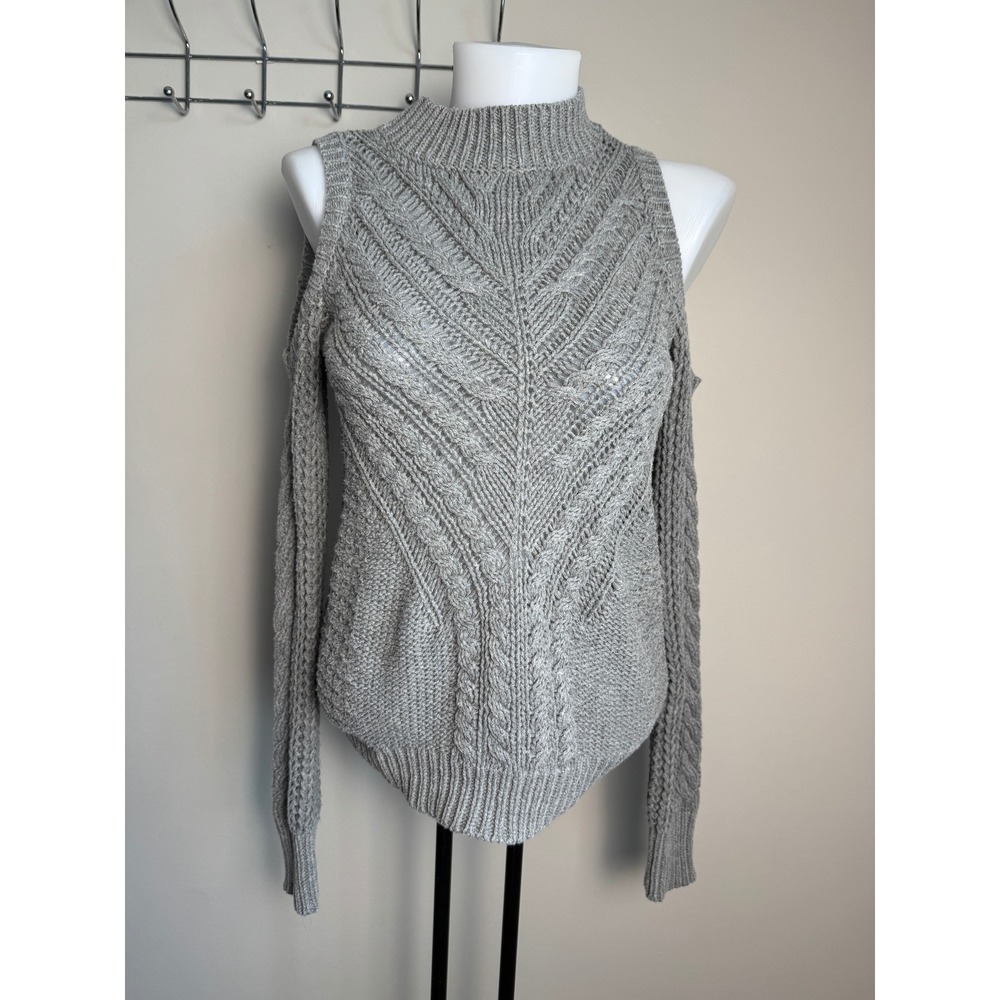Aeropostale Womens Gray Cable Knit Cold Shoulder Mock Neck Sweater XS Preppy